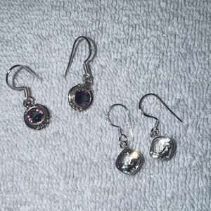 NIP 923 Silver and Purple Mystic Topaz and Clear Gemstone Earrings Set of 2